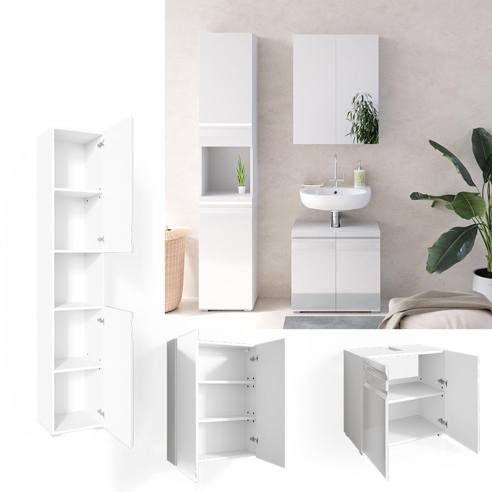 BADMÖBEL-SET Fredd Weiß Hochglanz 3 Teile, mit Hochschrank - Weiß Hochglanz, Holzwerkstoff (56/60/34cm) - Vicco