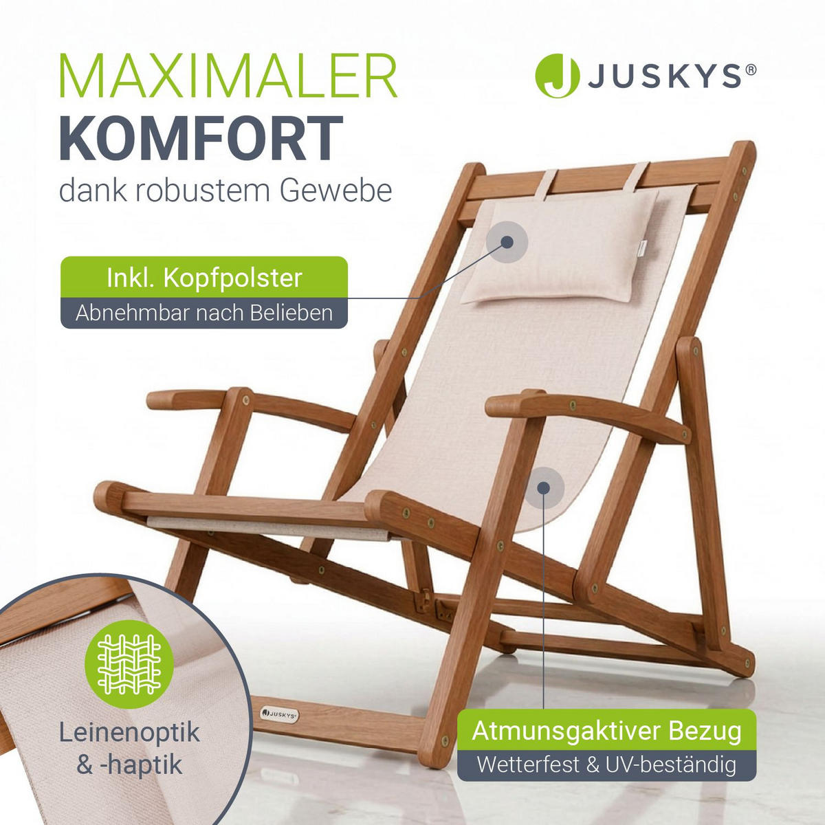 SONNENLIEGE Tavira Akazie creme klappbar 2er-Set - Creme, Holz (60/110/110cm) - Juskys