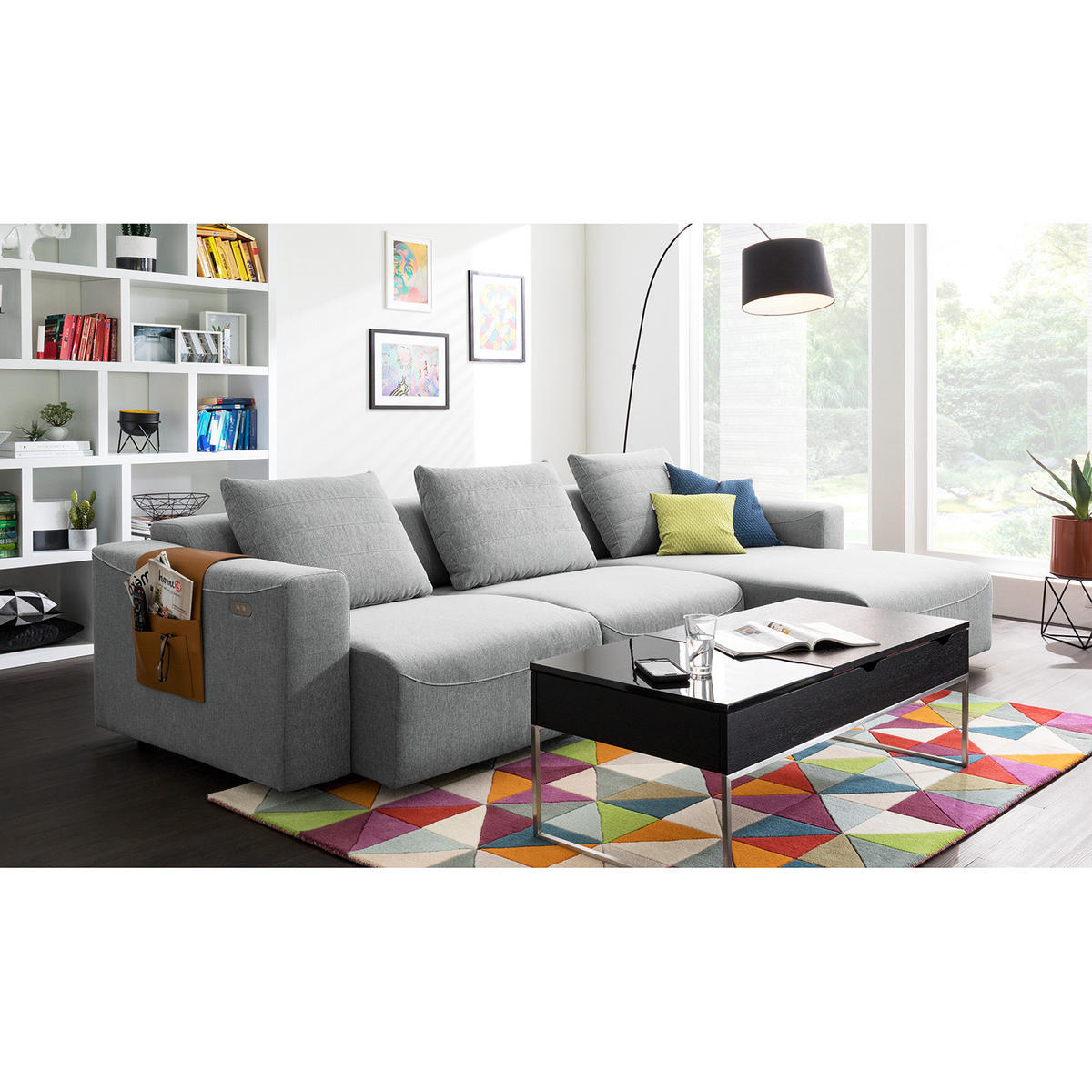 2,5-SITZER ECKSOFA mit Longchair - Webstoff - Hellgrau/Schwarz, Kunststoff/Textil (286/170cm) - home24