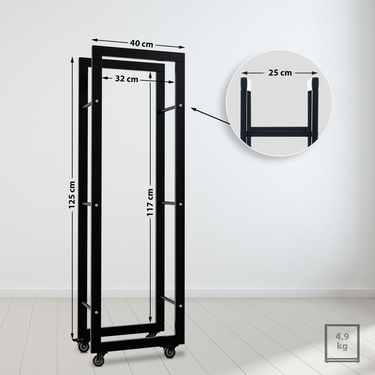 KAMINHOLZREGAL 40/25/125 cm Metall schwarz - Schwarz, Metall (40/125/25cm) - CLP