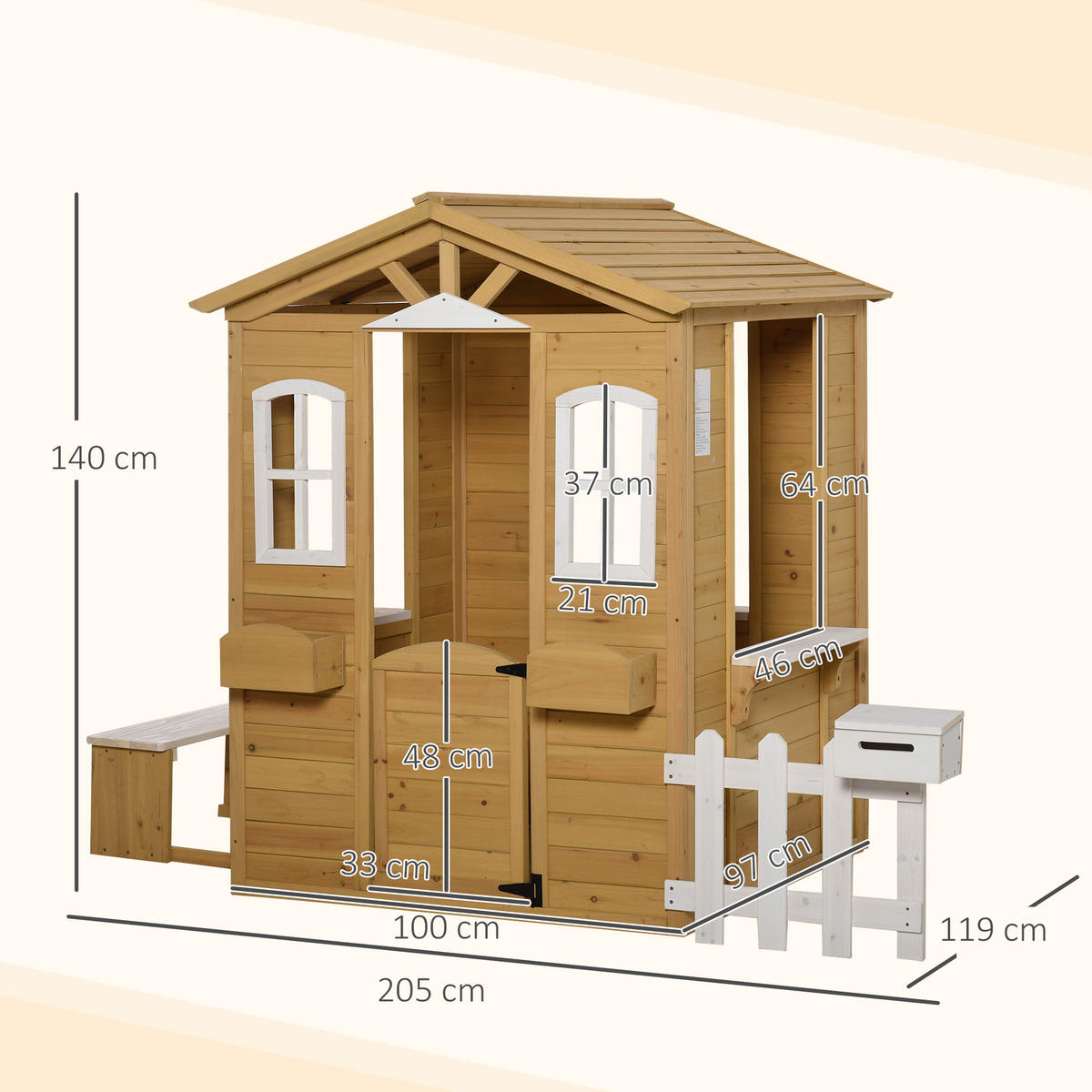 KINDERSPIELHAUS aus Holz Spielhaus Outdoor mit Tür, Fenster und Pflanzkasten - Gelb, Holz (119/140/205cm) - Outsunny