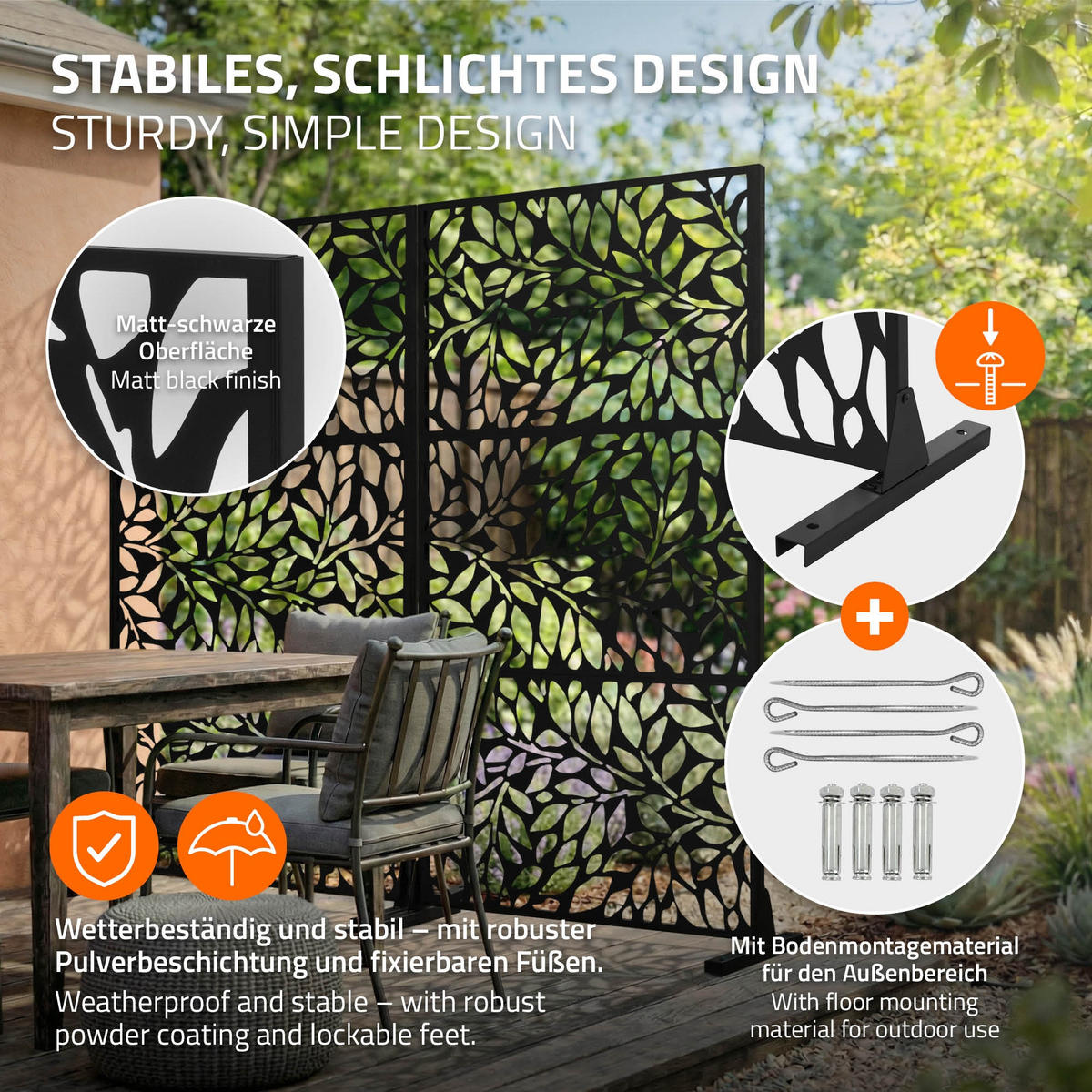 METALL-SICHTSCHUTZ Firenze 90x180 cm Schwarz aus Stahl - Schwarz, Metall (90/183cm) - ML-DESIGN