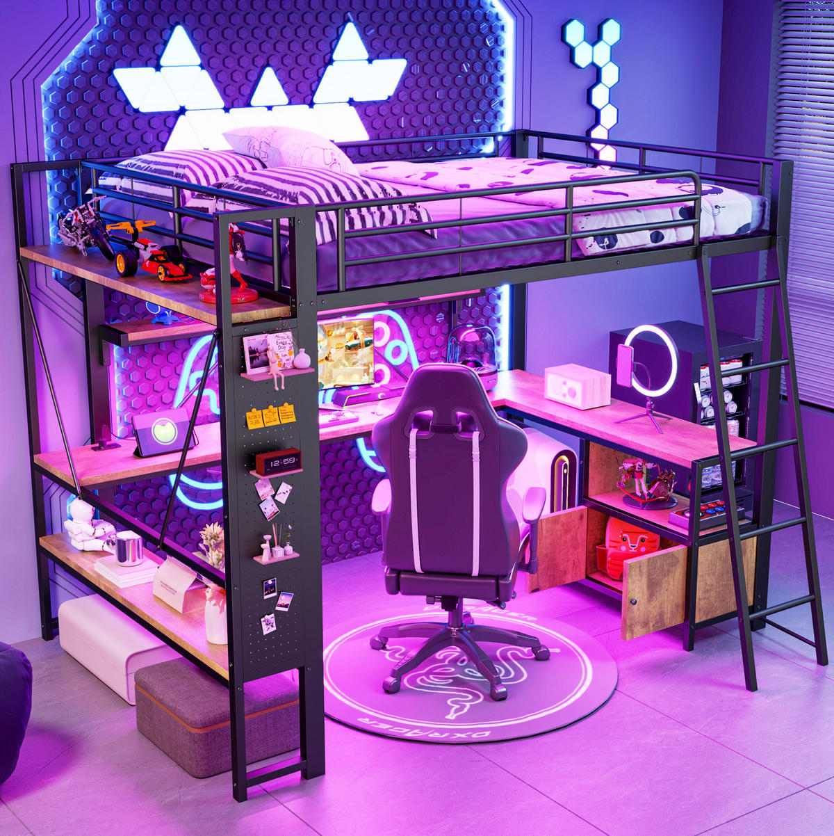 HOCHBETT 140/200 cm in Schwarz mit Schreibtisch, LED und Stauraum - Schwarz, Metall (140/200cm) - BEAOK