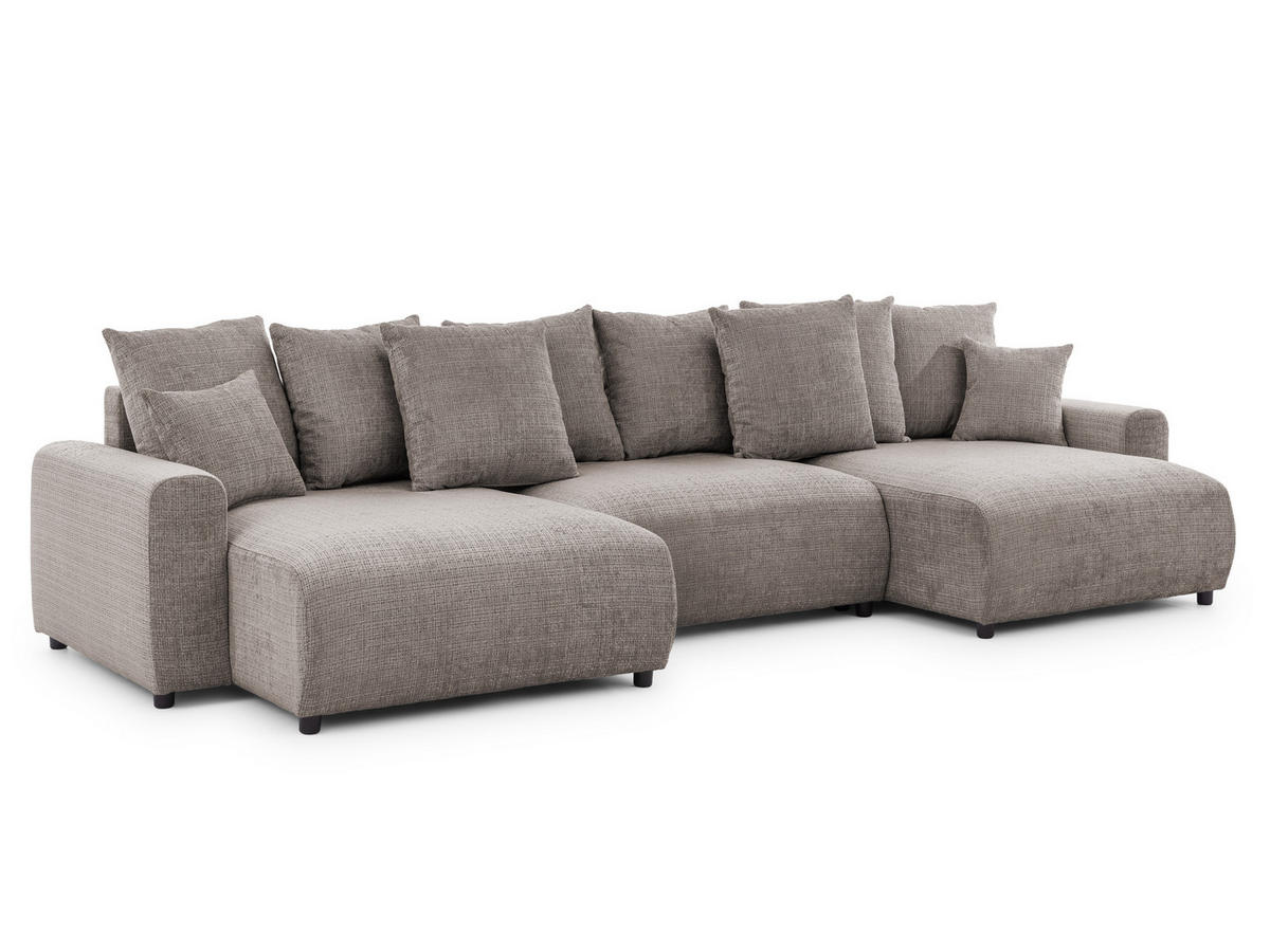 WOHNLANDSCHAFT Calma mit Schlaffunktion und Bettkasten im Bumpy-Design aus weichem Taupe Chenille-Stoff - Taupe/Schwarz, Holz/Kunststoff (336/88/140cm) - S-Style Möbel