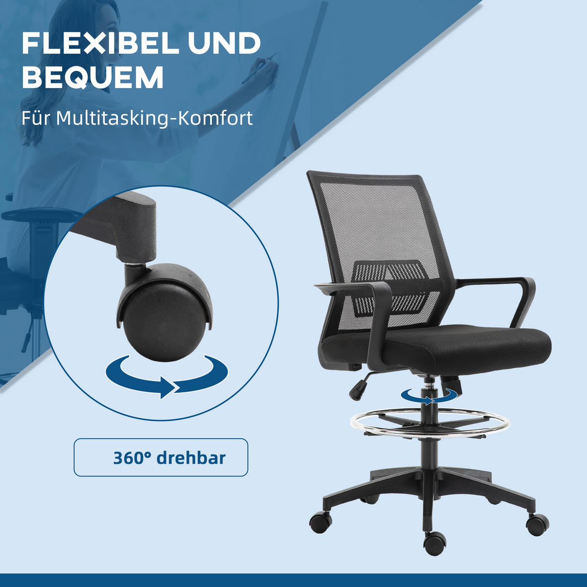 BÜROSTUHL, Höhenverstellbarer Schreibtischstuhl mit Fußablage, Netz-Rückenlehne, rollbar, Kunststoff, Schwarz - Schwarz, Textil (59/124/64cm)