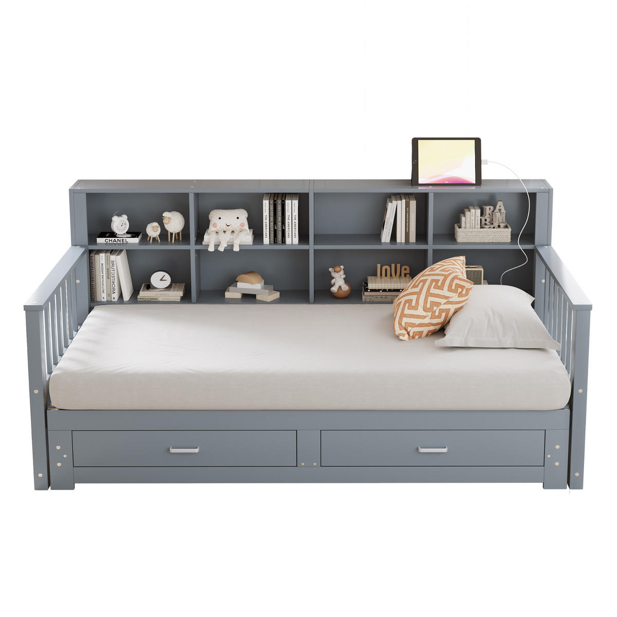 MULTIFUNKTIONSBETT 90/190 cm grau aus Holz mit Ausziehfunktion und Steckdose - Grau, Holzwerkstoff (90/190cm) - OKWISH