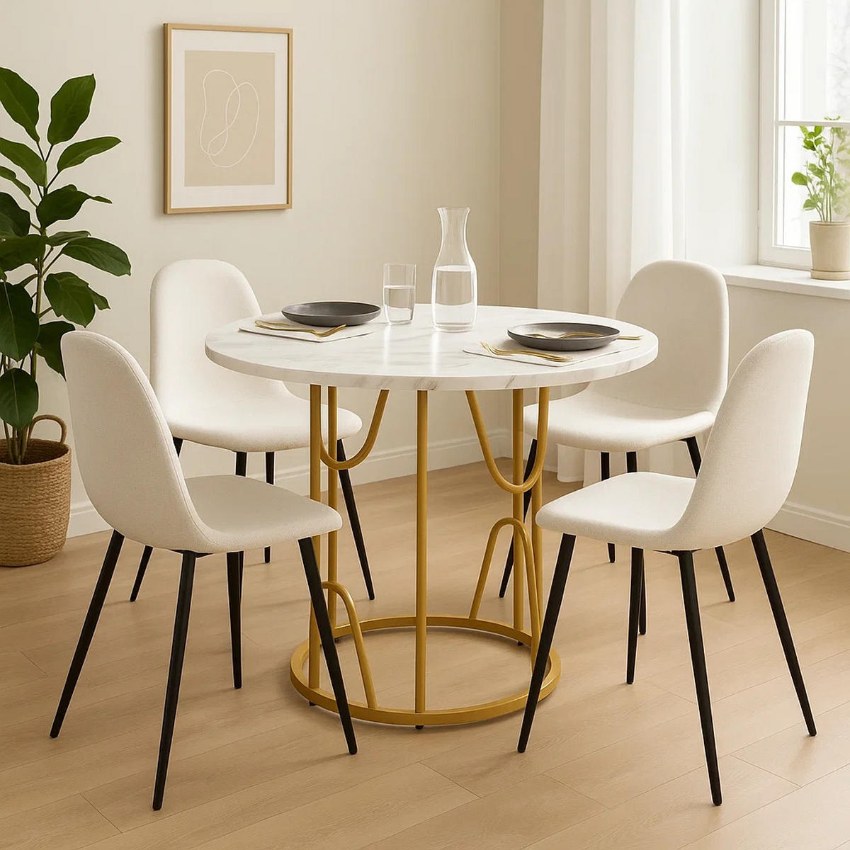 ESSTISCH SET mit rund 1 Tisch Marmoroptik & 4 Stoffstühle Beige - Weiß, Holzwerkstoff/Textil (110/74/65cm) - Urban Meuble