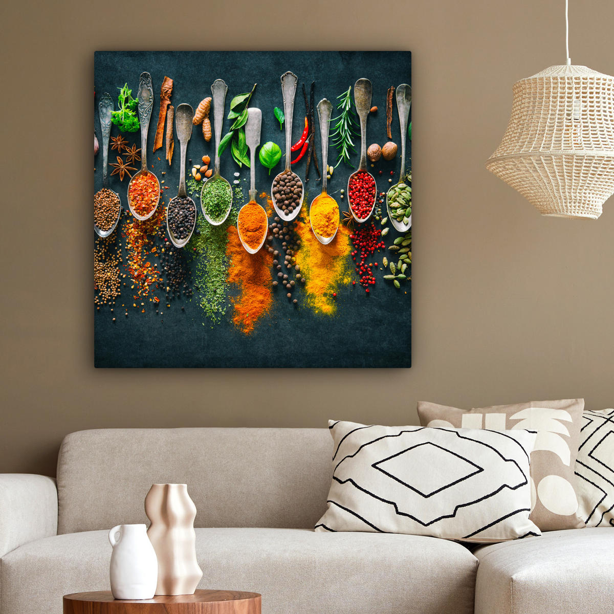 LEINWANDBILD Kräuter - Gewürze - Löffel 90x90 cm - Currygelb, Textil (90/90cm) - MuchoWow