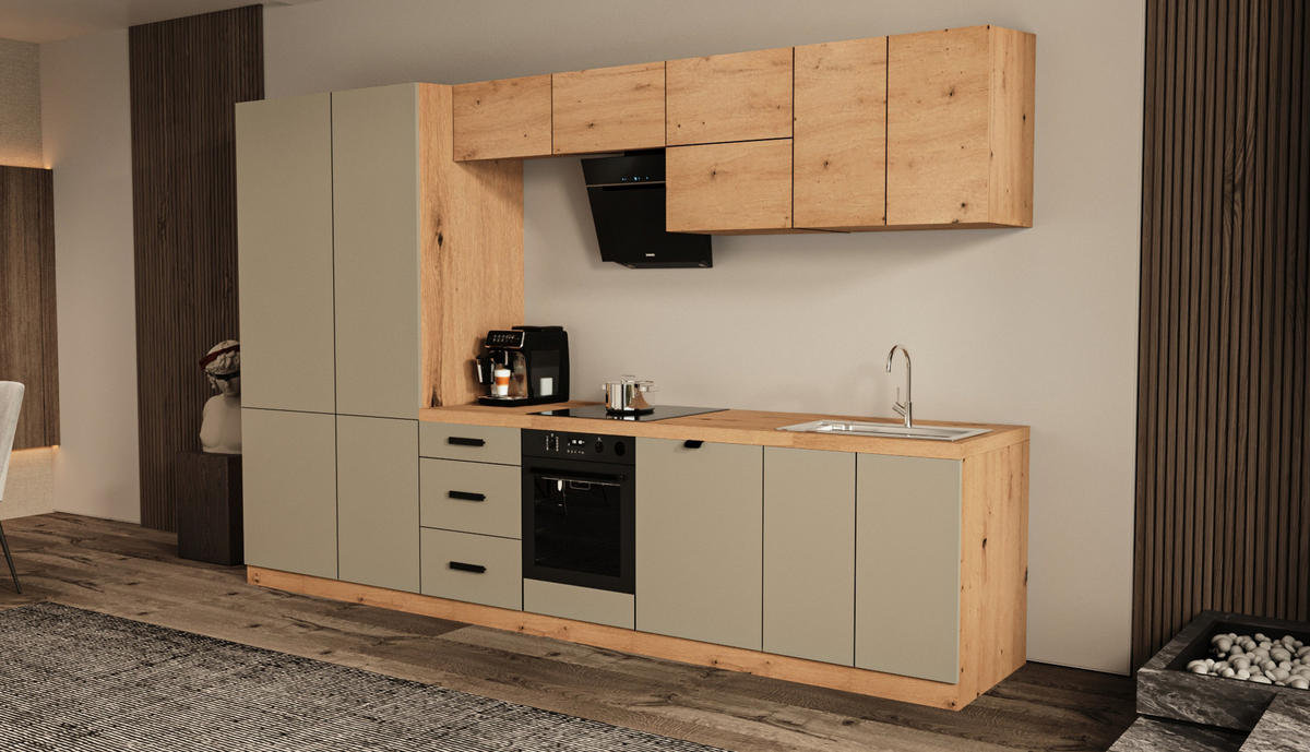KÜCHENZEILE 360 cm - Langen KL19-M360 - in Beige / Artisan Eiche - Beige/Schwarz, Holz/Metall (360/212/58cm)