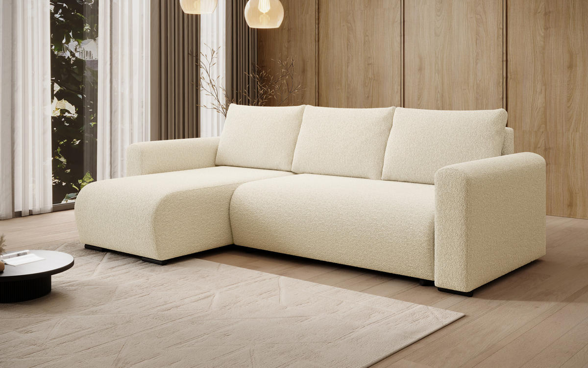 ECKSOFA DORA L, Eckcouch in L-Form mit Schlaffunktion und Bettkasten, Farbe: Beige, Bouclé-Stoff, Ottomane Links - Beige, Textil (240/143cm) - Storez24