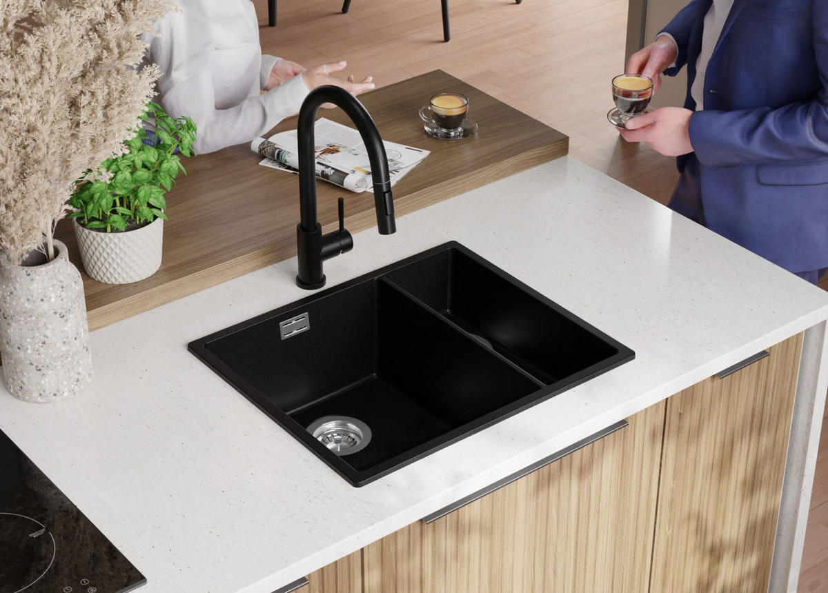 SPÜLBECKEN London Slim Duo, 2-er set Schwarz 56/47 cm 1,5 Becken + Ablauf-Set ab 60er Unterschrank - Chromfarben/Schwarz, Kunststoff (56/20/47cm) - Primagran