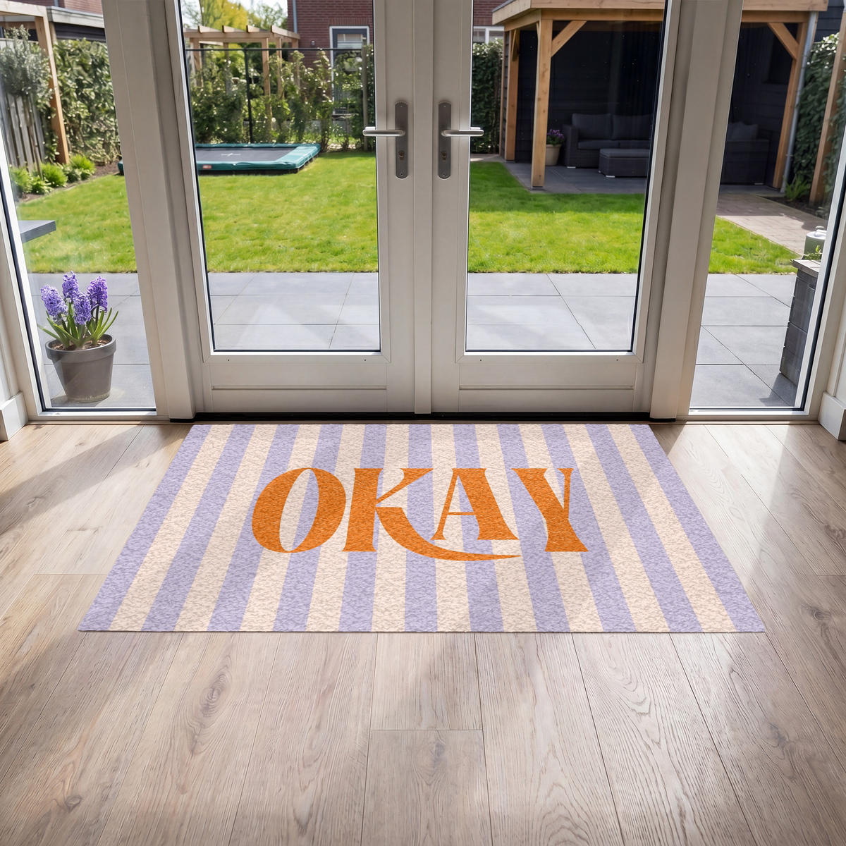 FUSSMATTE Lila – Orange – Streifen – Okay 150x90 cm - Flieder, Kunststoff (150/0.4cm) - MuchoWow