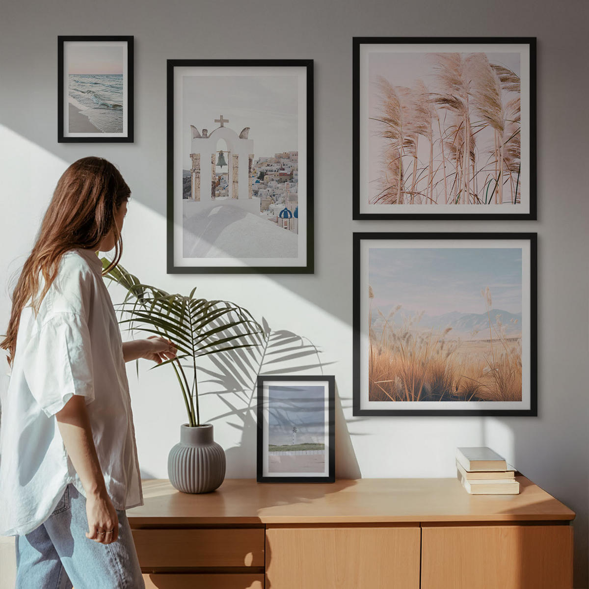 WANDBILDER 5er-Set - 50x50 cm & 20x30 cm & 40x60 cm Schwarzer Rahmen - Pflanzen, Meereswellen, Aussicht, Häuser - Schwarz, Kunststoff (40/60cm) - ArtPrintCave