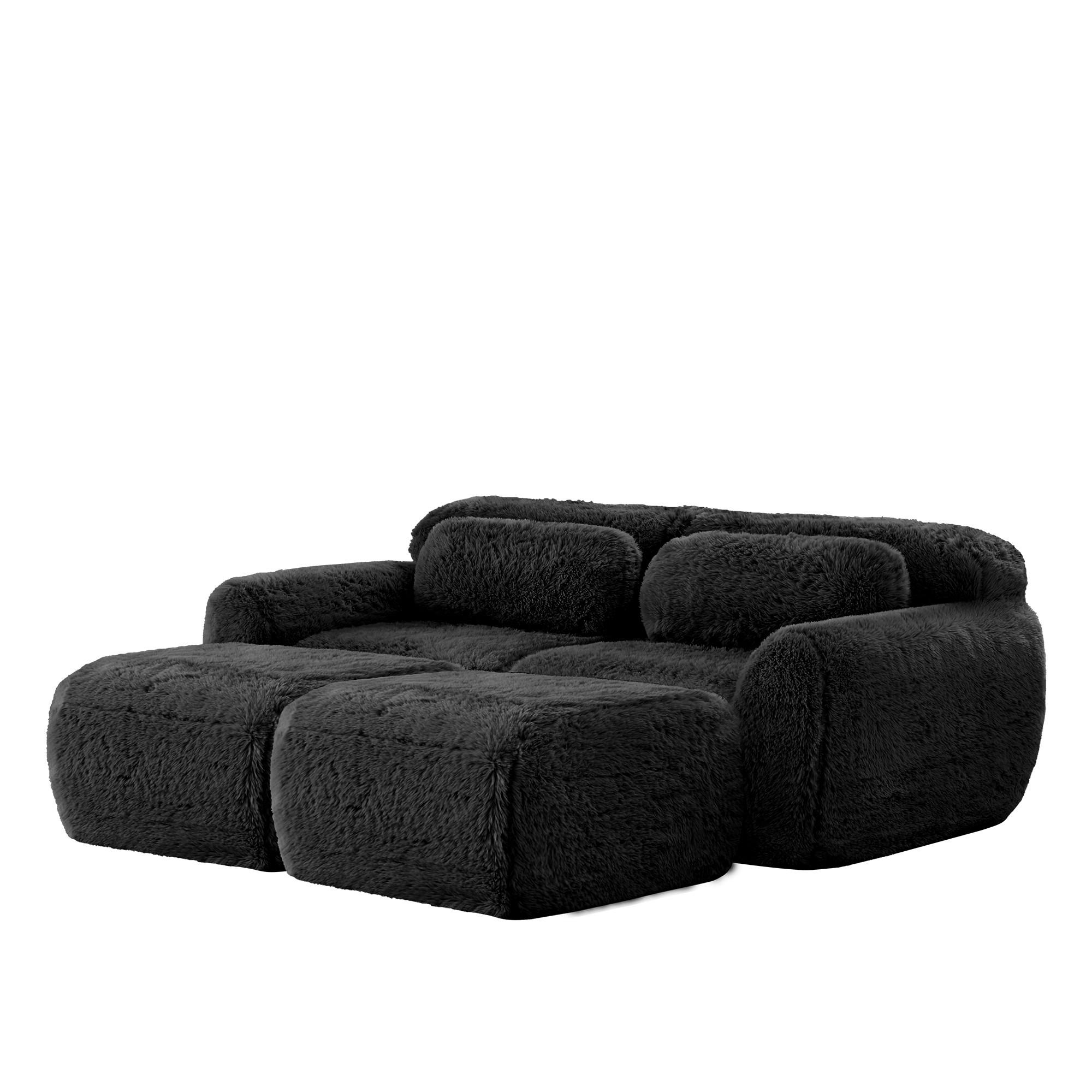 SCHLAFSOFA 2-Sitzer aus Plüschstoff mit 2 Hockern, Schwarz - Schwarz, Textil (204/73/179cm)