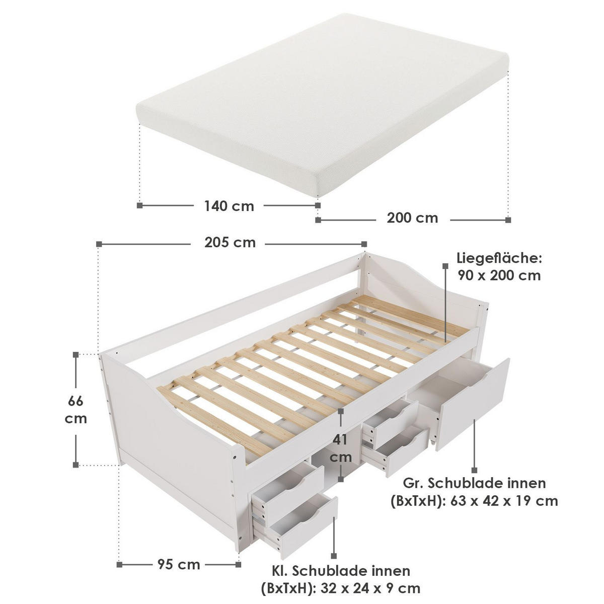 KINDER-FUNKTIONSBETT Nalu mit Matratze weiß 90x200 cm - Weiß, Holz (90/200cm) - Juskys