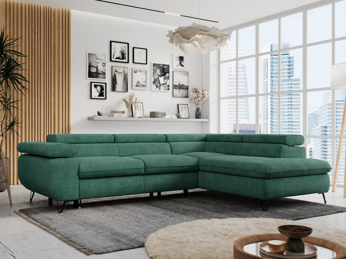 ECKSOFA PETER L Grün Struktur - Rechts Seite - Schwarz/Grün, Textil/Metall (273/208cm) - MKS