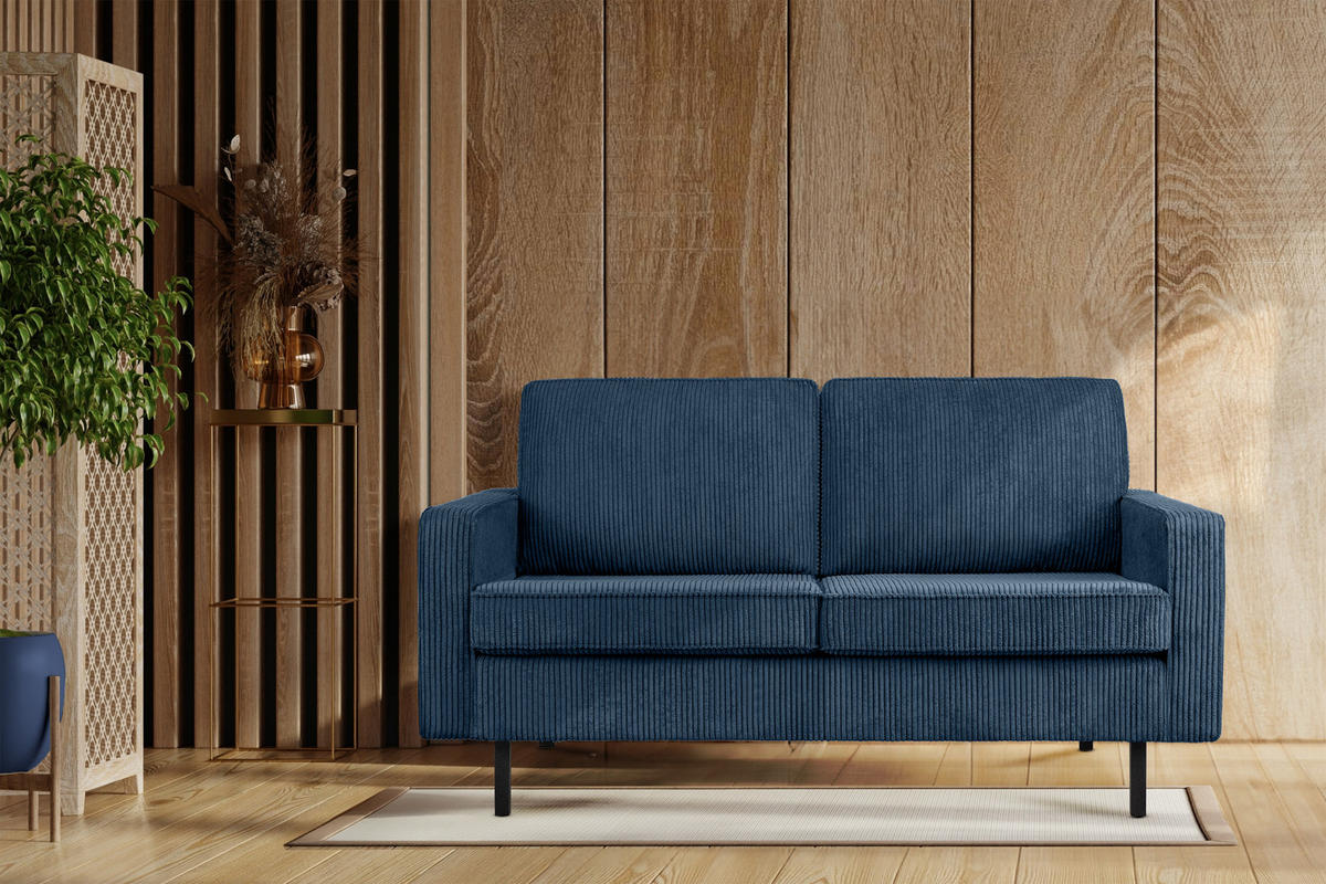 2-SITZER-SOFA INVIA Klassische-Stil mit Armlehnen, Feinkord-Stoff, Dunkelblau - Schwarz/Dunkelblau, Textil (164/87/98cm) - KONSIMO®