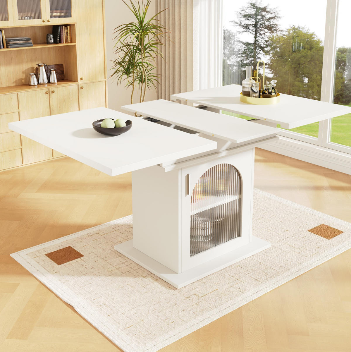 ESSTISCH 110-140x80x76 cm in Weiß aus MDF und Glas mit 3 Ablagen und Regenbogen-Glastüren ausziehbar - Weiß, Holzwerkstoff (140/80/76cm) - Modfu