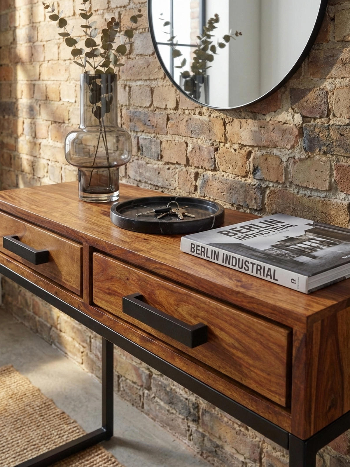 KONSOLENTISCH – Massivholz/Metall, schwarz, mit Schubladen, Industrial-Stil - Schwarz/Braun, Holz/Metall (36/90/77cm) - KADIMA DESIGN