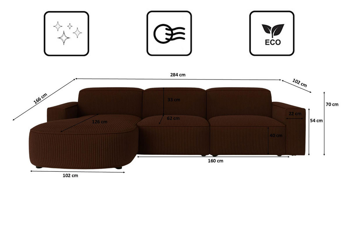 ECKSOFA Cursal Round L-Form, Stoff Poso, Braun, Links - Braun, Holz (284/166cm) - Kaiser Möbel