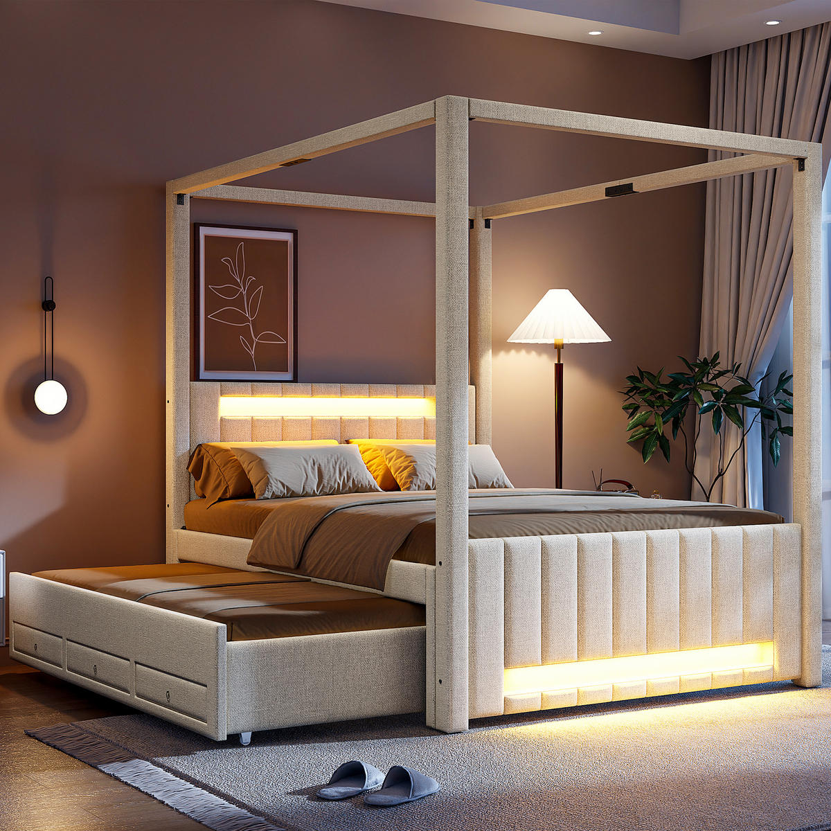 POLSTERBETT 140/200 cm in Beige mit Ausziehbett, 3 Schubladen und LED - Beige, Holzwerkstoff/Textil (140/200cm) - WISHDOR
