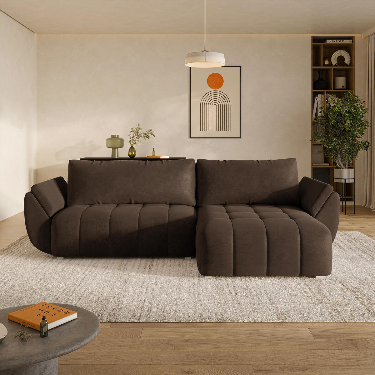 ROHOVÁ Sedačka OLSI MONOLITH 29, Hnědá - šedá/hnědá, dřevo/textil (285/148cm) - MASSENO
