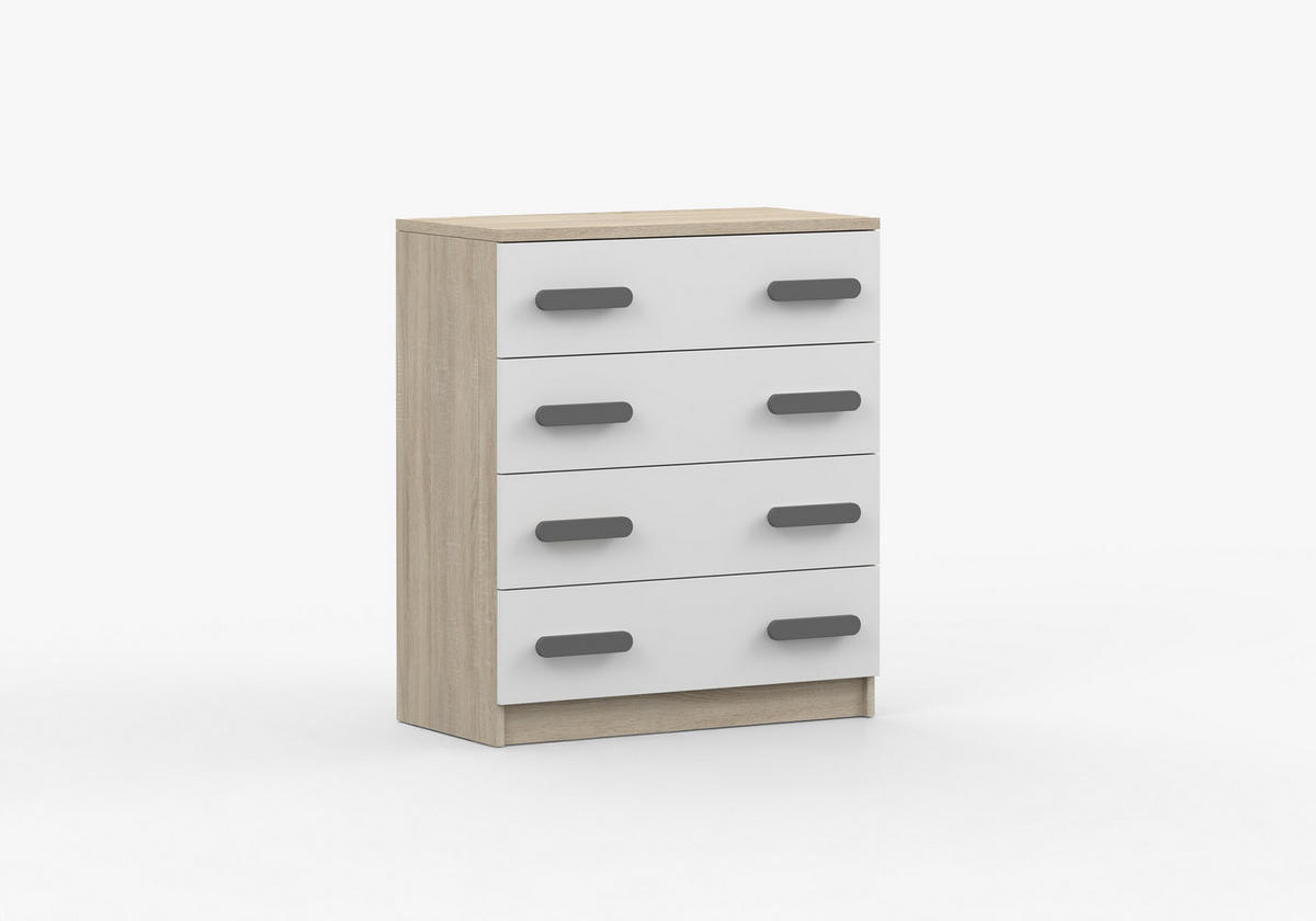 JUGENDZIMMER Elora in Eiche und Weiß – 4-teiliges Set mit Schreibtisch, Kommode, Wandregal und Schrank – Grifffarbe Grau - Braun, Holzwerkstoff (80/200/120cm)