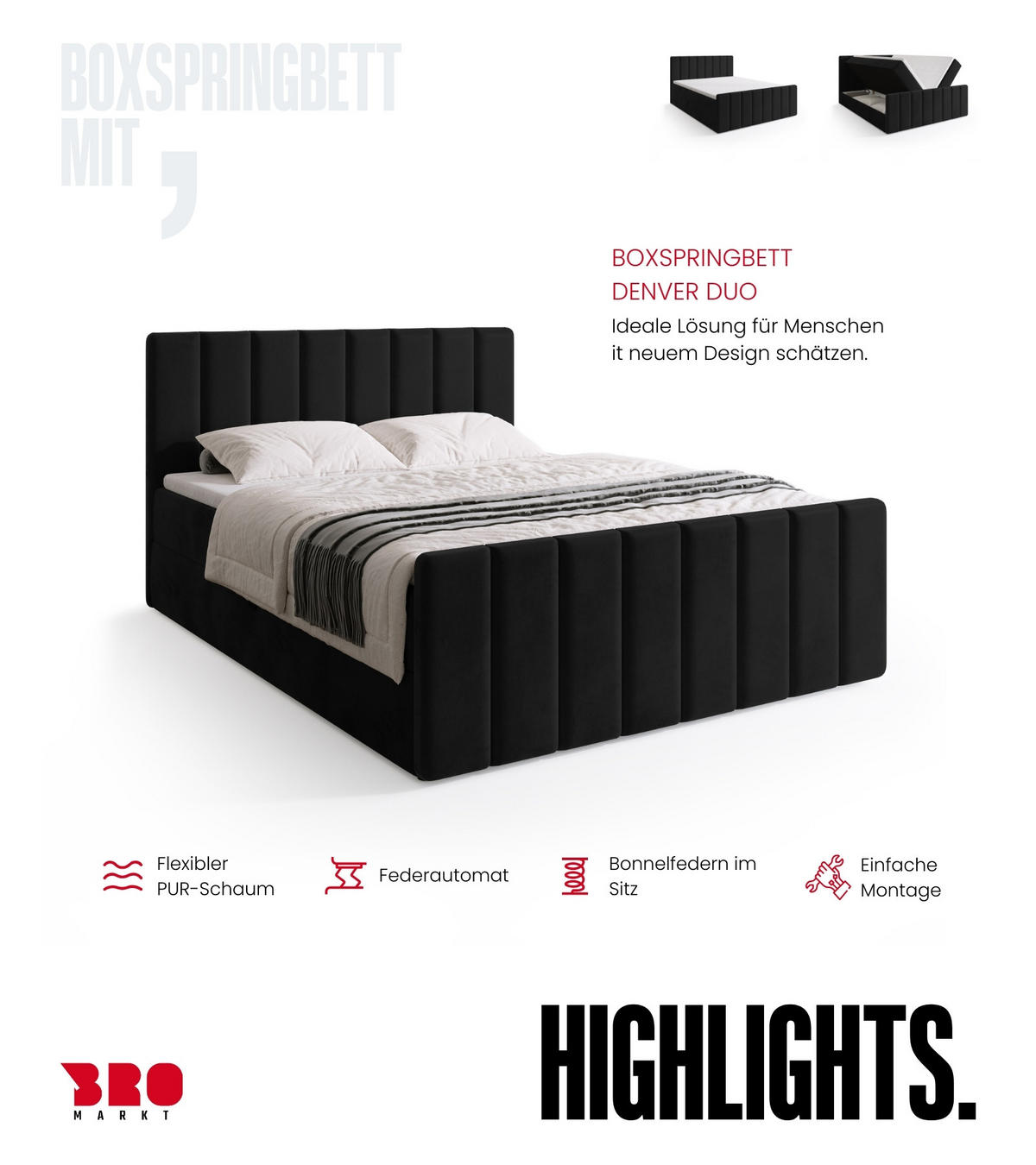 BOXSPRINGBETT Denver DUO mit Topper 140x200 Schwarz - Schwarz, Textil (140/200cm) - Bromarkt
