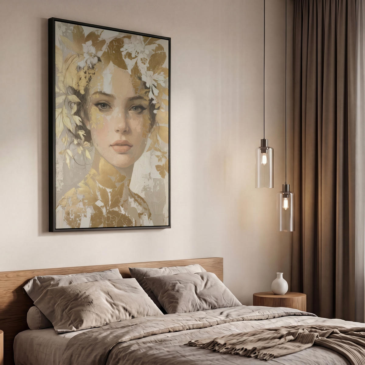 LEINWAND Bilder mit Rahmen - Gesicht - Frau - Blätter - Gold - 60x90 - Beige, Textil (60/90cm) - MuchoWow
