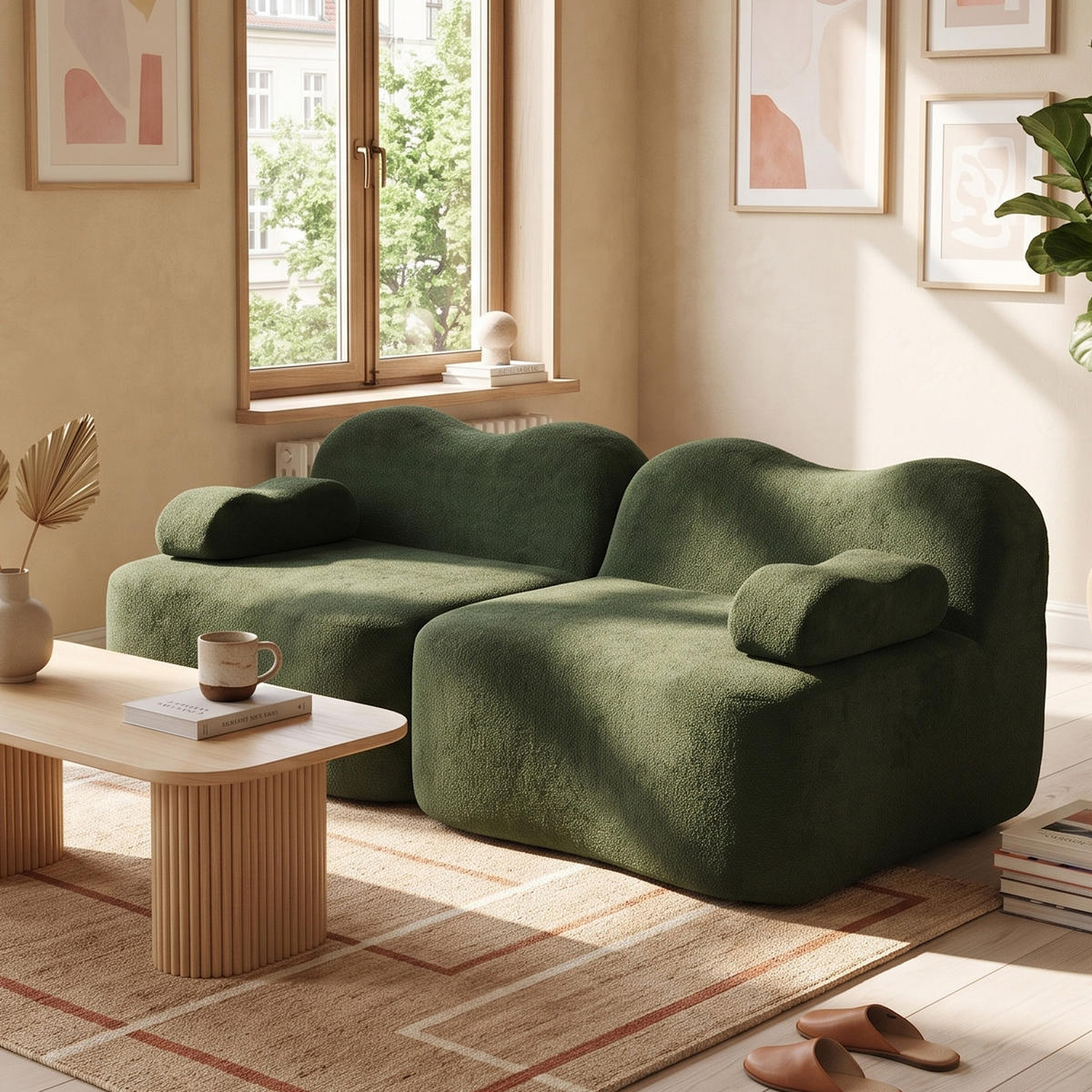 2-SITZER SOFA Modulares Boneless Samt Wellenform - Grün, Textil (192/70/98cm) - Urban Meuble