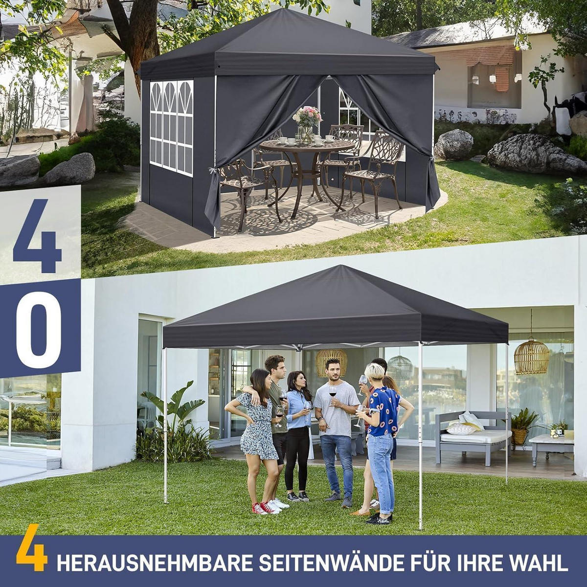 FALTPAVILLON 3 x 3 m Anthrazit mit 4 Seitenteilen, Pop-Up One-Touch - Anthrazit, Textil (300/255/300cm)