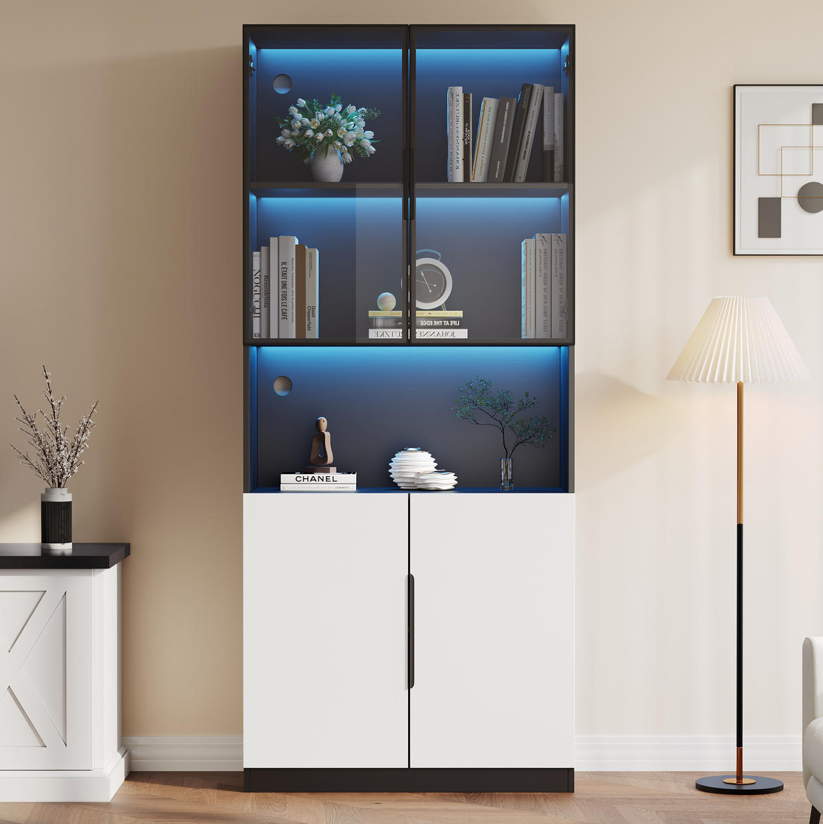 VITRINE 80/30/200 cm in Weiß mit Glastüren und LED-Beleuchtung - Weiß, Holzwerkstoff (80/200/30cm) - Flora Grace