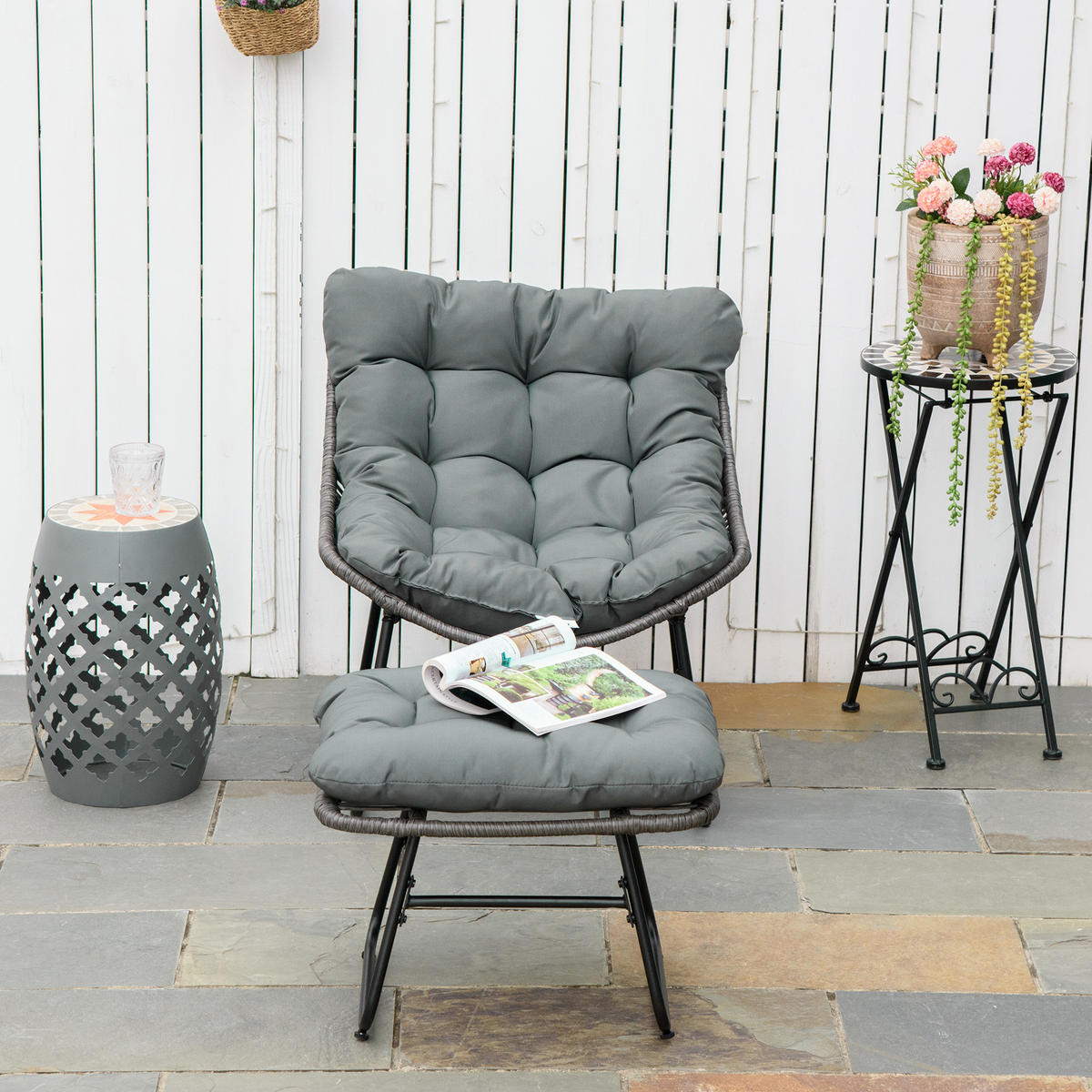 RELAXSESSEL DE-07563 mit Fußhocker, Rattan und dicken Kissen Grau - Grau, Kunststoff/Metall (76/70/69cm) - ComfortXL