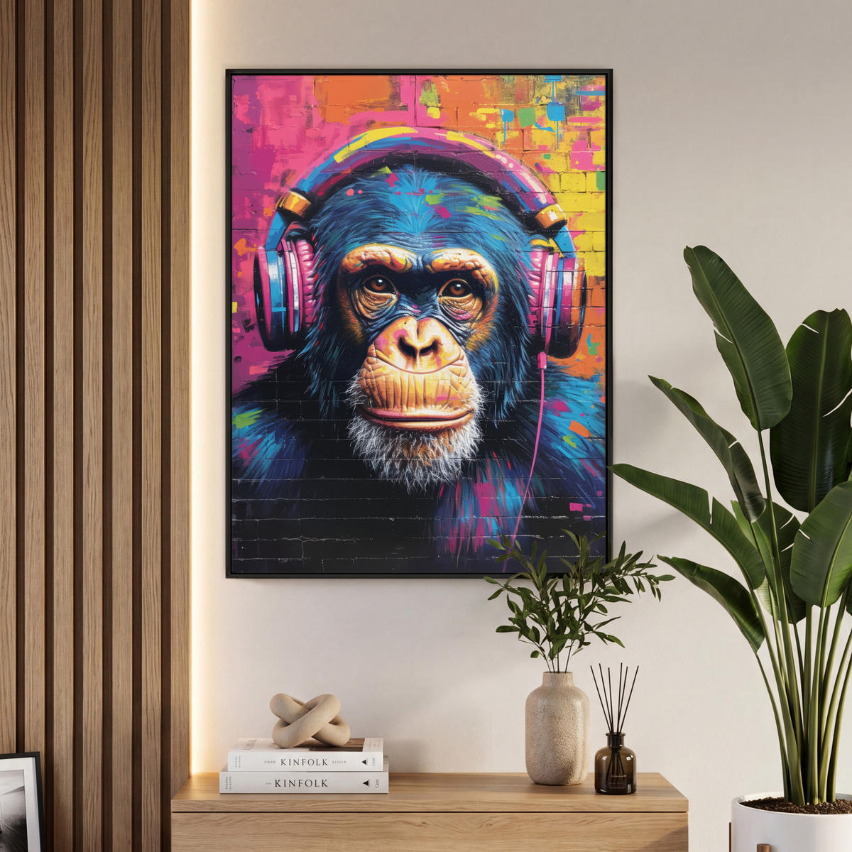 LEINWAND Bilder mit Rahmen - Graffiti - Schimpanse - Straßenkunst - Kopfhörer - Affe - 70x100 - Blau, Textil (70/100cm) - MuchoWow