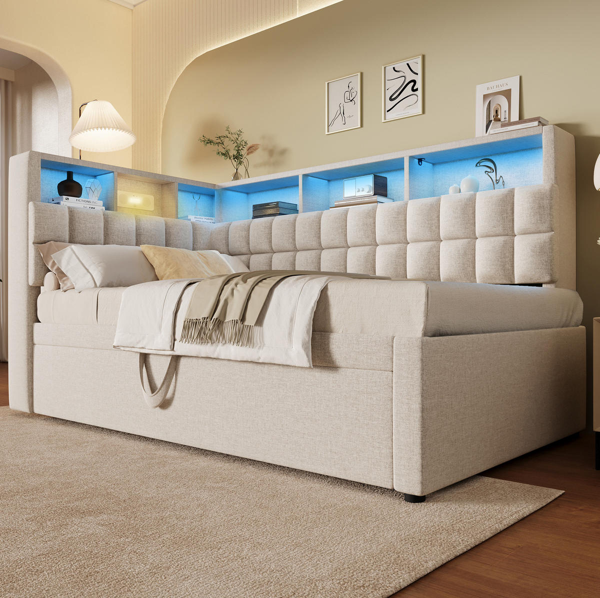 POLSTERBETT 90/180x200 cm Beige mit LED-Beleuchtung und Bluetooth-Lautsprecher - Beige, Textil (90/200cm) - Flora Grace