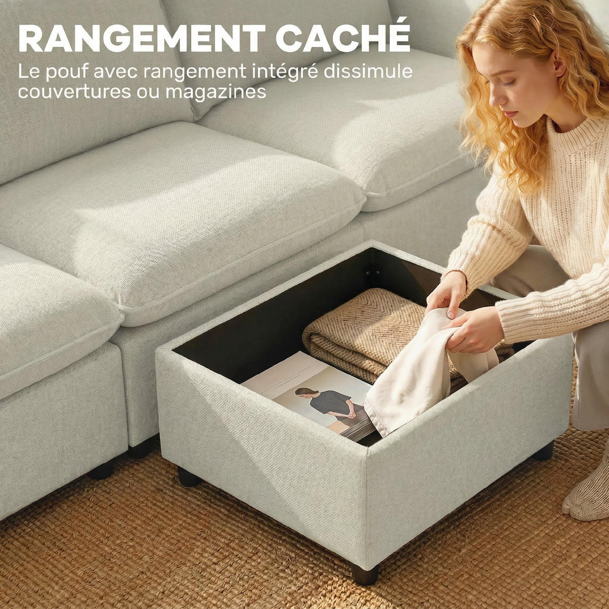 SOFA, 3-Sitzer, Stauraumhocker, Ecksofa, Federkernkissen, Leinen, creme - Multicolor, Holzwerkstoff (212/84/125cm) - FORIOUS