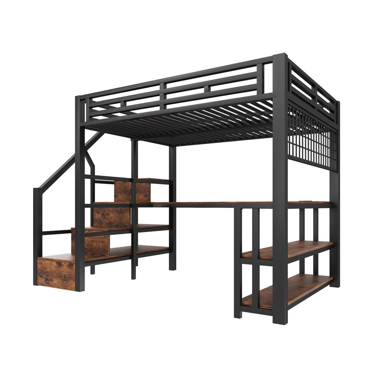 HOCHBETT aus Metall und MDF 140x200 cm Schwarz mit Schreibtisch, Stauraumtreppe, LED und USB - Schwarz, Metall (140/200cm) - IVMEU