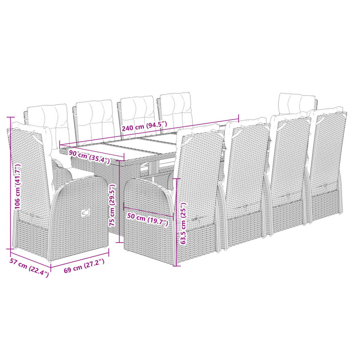 GARTEN-ESSGRUPPE 11Er Set Mit Kissen Schwarz Poly Rattan - Schwarz, Kunststoff - vidaXL