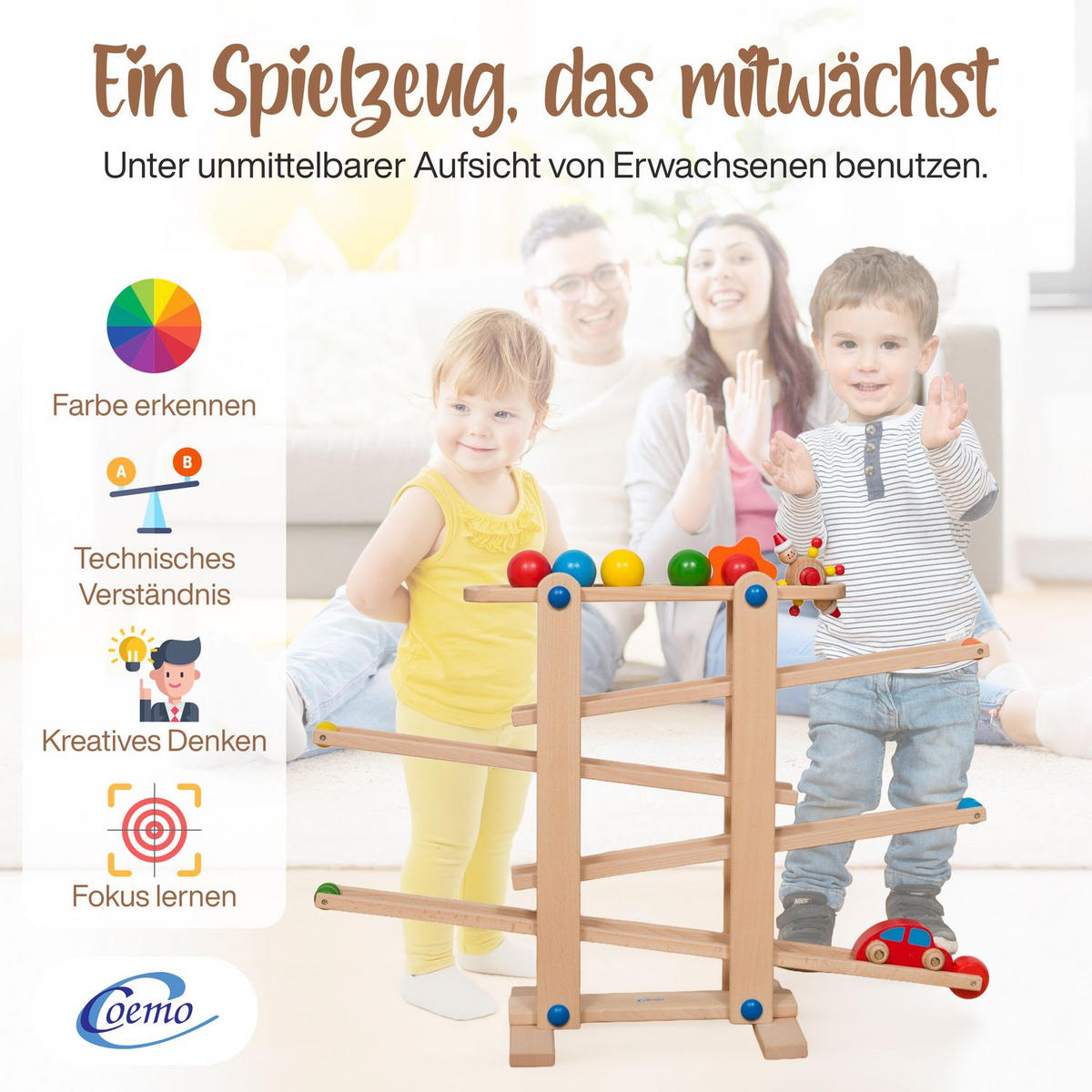 KUGELBAHN L Holz Natur mit 7 Roll Elementen - Naturfarben, Holz (26/70cm) - Coemo