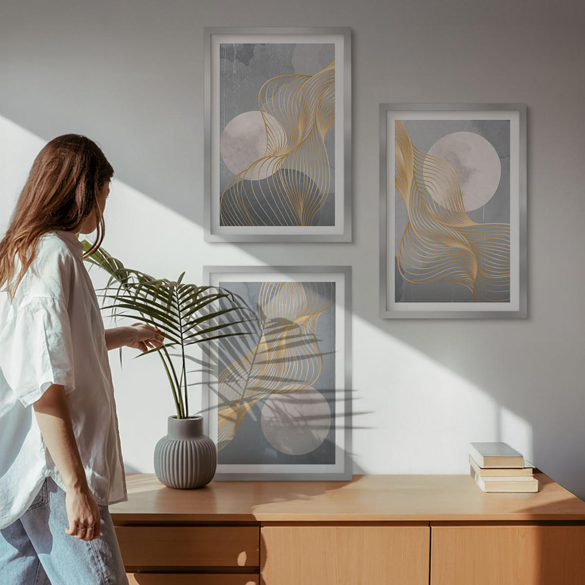 BILDER SET 3er Set - 40x60 cm Silberner Rahmen - Abstrakte Muster Wellen Kreise - Silberfarben, Kunststoff (40/60cm) - TULUP