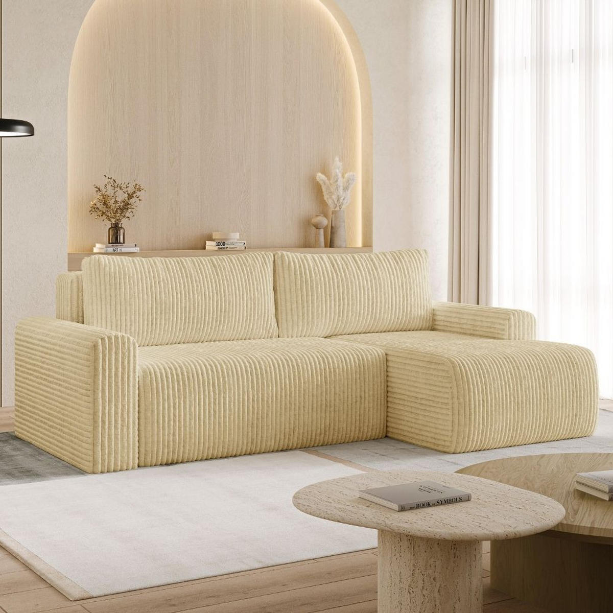 ECKSOFA MILO SMALL mit Schlaffunktion und Bettkasten, Rechts - TILIA 08 - Creme, Holz (240/142cm) - Dekori_Interiors
