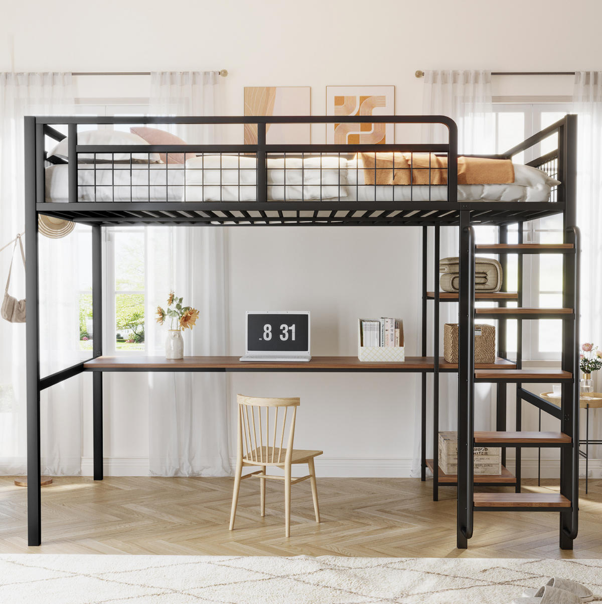 HOCHBETT mit Schreibtisch 140/200 cm in Schwarz – mit Regal, Leiter und Rausfallschutz - Schwarz, Metall (140/200cm) - BEAOK