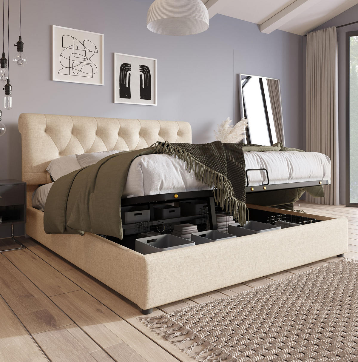 BETT mit Bettkasten und verstellbarem Kopfteil 140x200 cm Leinen Natur - Beige, Metall (140/200cm) - Meubliv