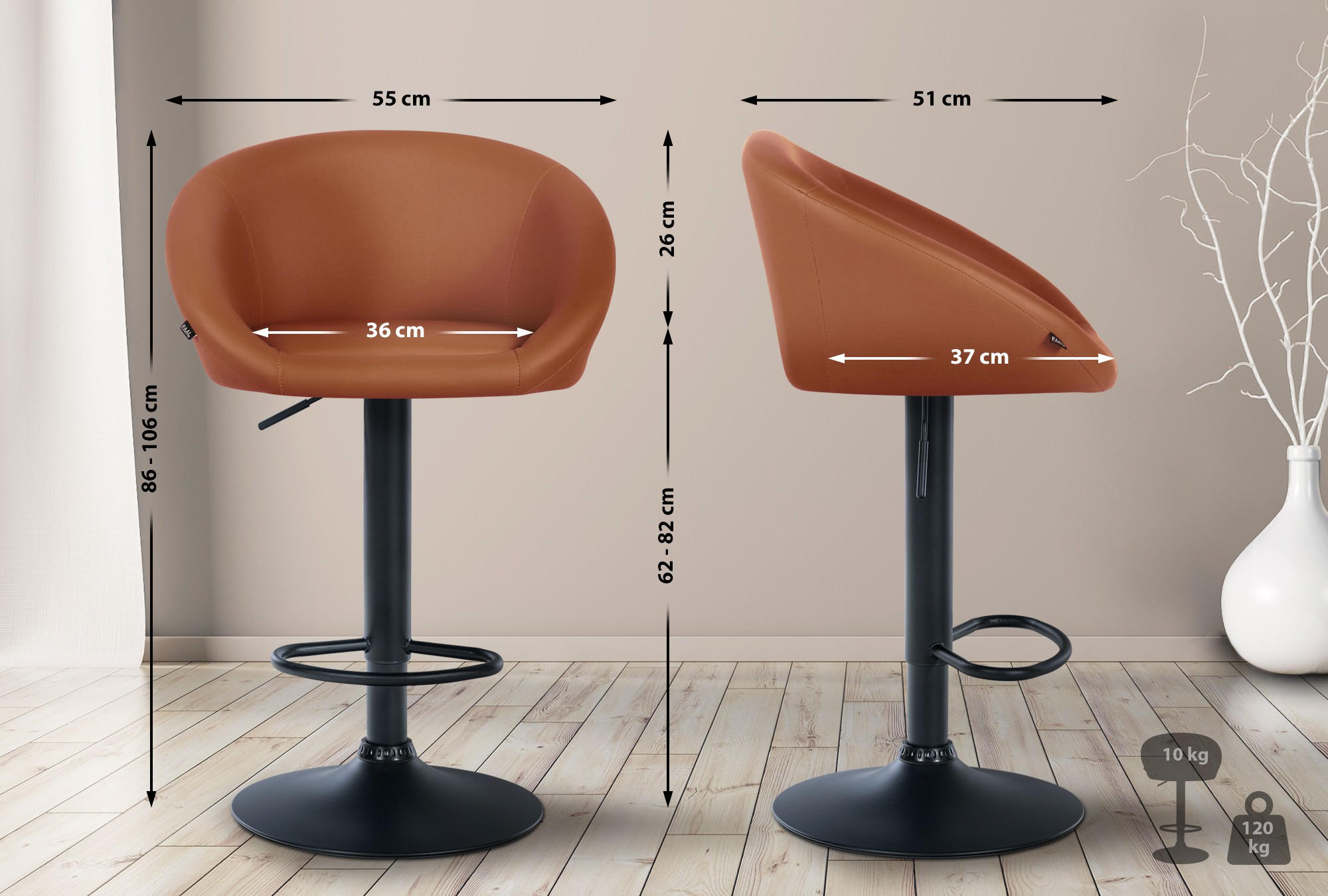 BARHOCKER OSLO Hellbraun Kunstleder Schwarz - Hellbraun, Leder/Metall (55/86/51cm) - DELUKE
