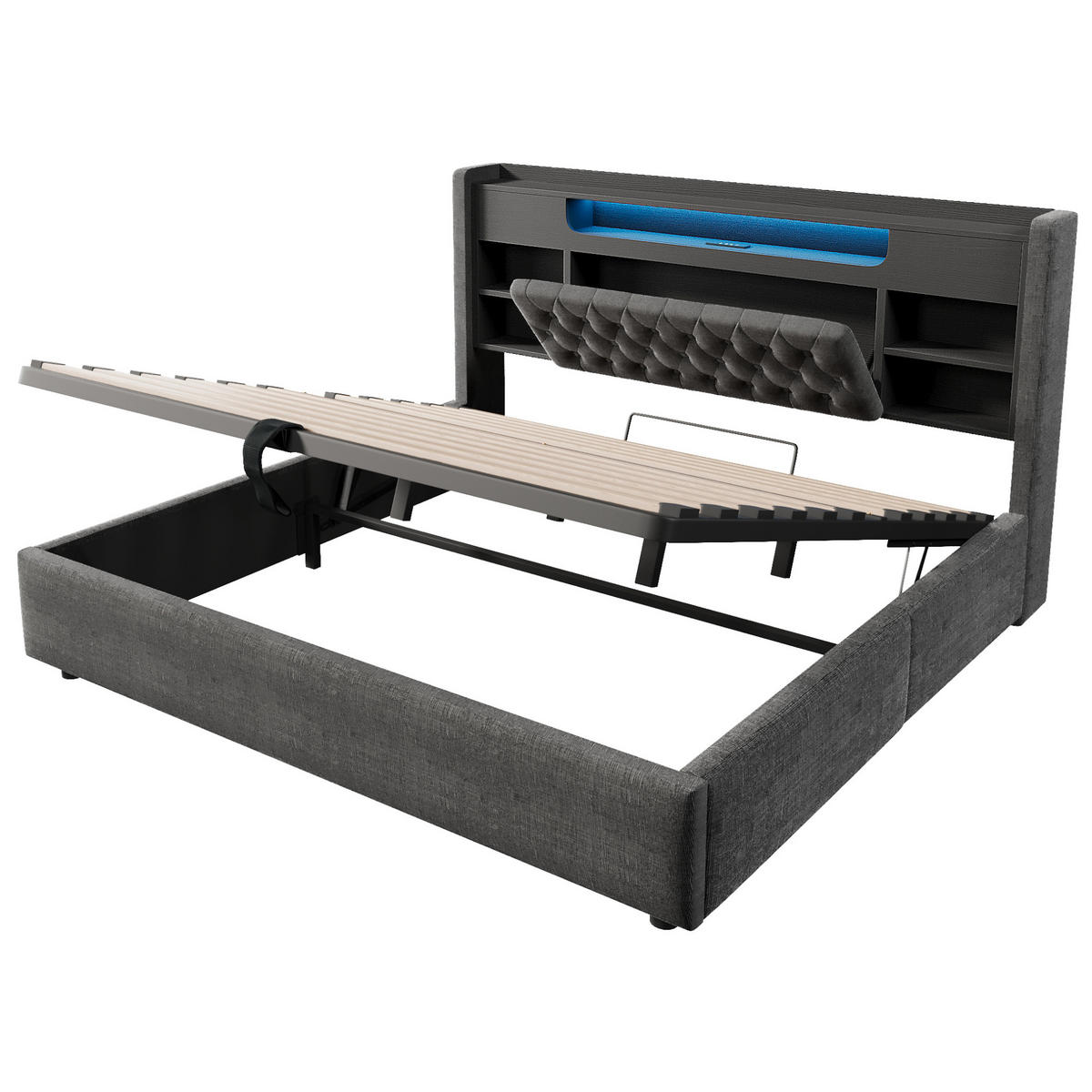 POLSTERBETT 180/200 cm aus Leinen mit Bettkasten LED und USB-C-Ladefunktion Grau - Grau, Textil (180/200cm) - Modenvie