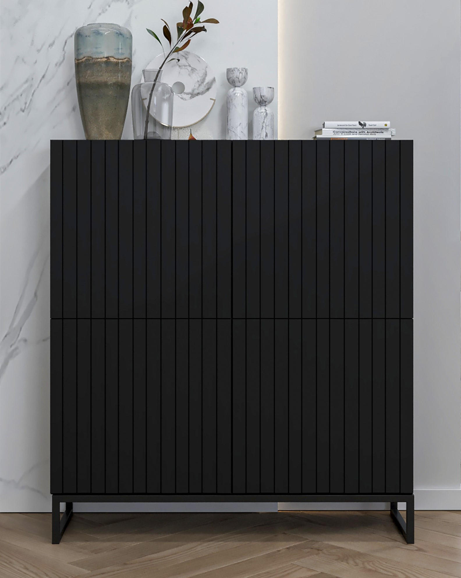 KOMMODE Elpis 4D Schwarz Matt mit metallrahmen Glamour 112 cm - Schwarz, Holzwerkstoff/Metall (112/126/36.5cm) - Meble Lindner
