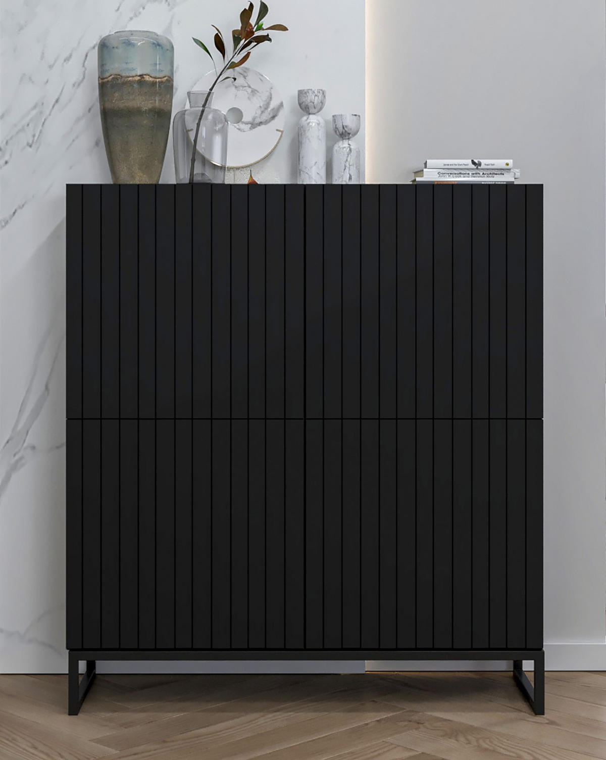 KOMMODE Elpis 4D Schwarz Matt mit metallrahmen Glamour 112 cm - Schwarz, Holzwerkstoff/Metall (112/126/36.5cm) - Meble Lindner