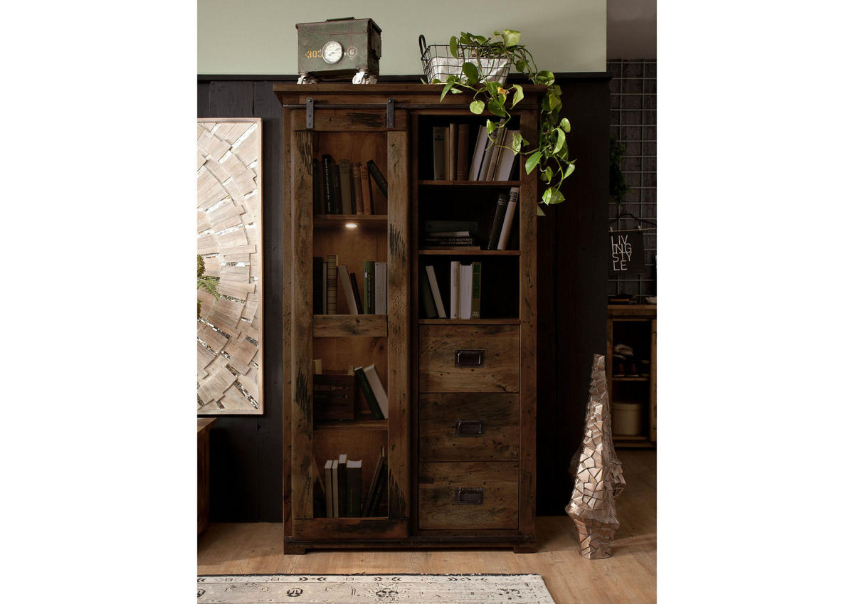 VITRINE Mango 100x45x175 braun lackiert RAILWAY #426 - Braun, Holz (100/175/45cm) - Massivmoebel24