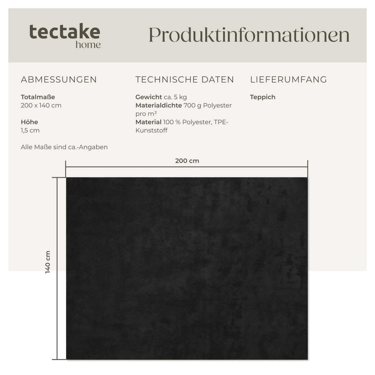 KURZFLORTEPPICH Soft Zone,rutschfeste Unterseite,schwarz - Schwarz, Kunststoff (200/140cm) - tectake