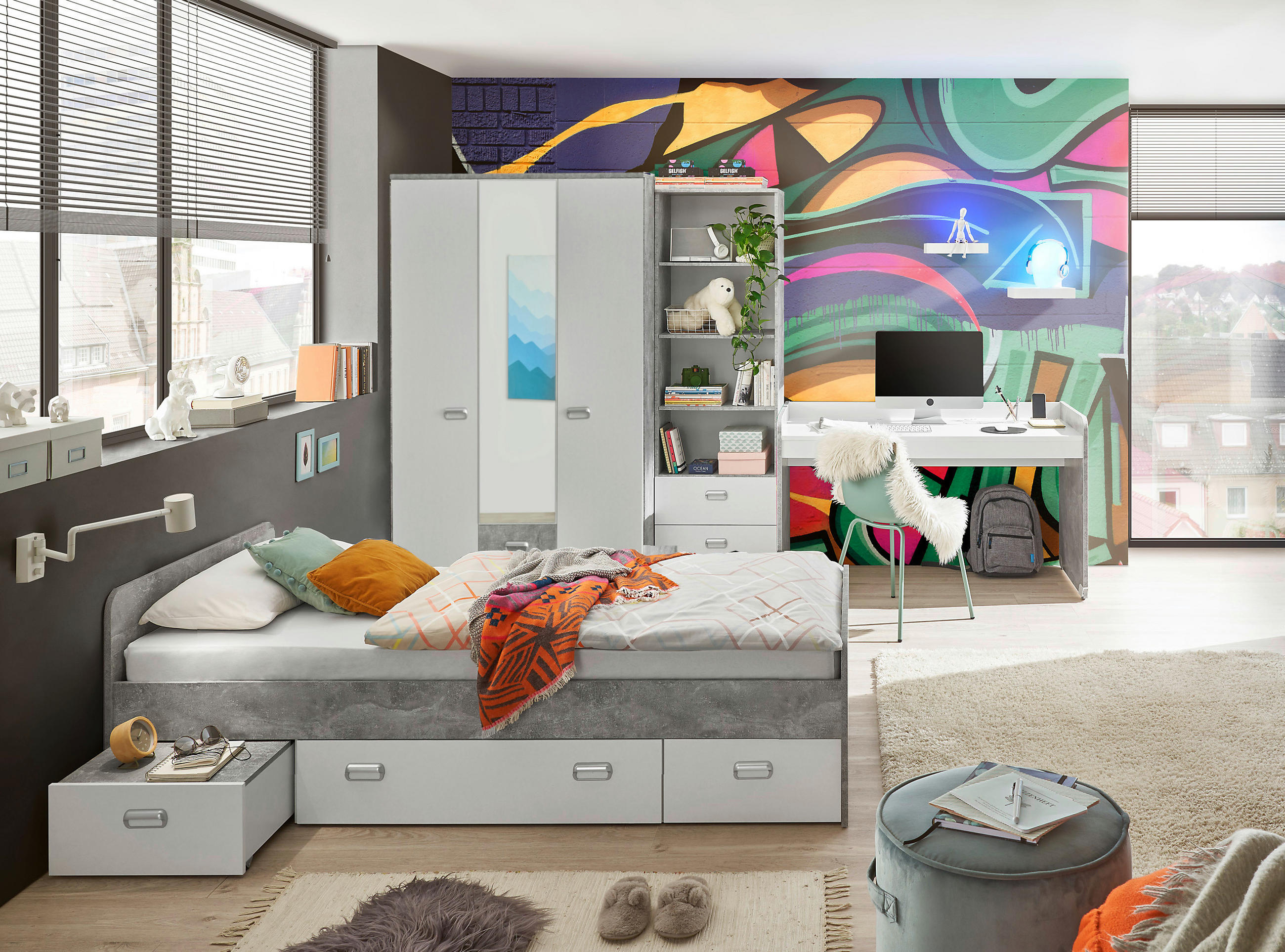 JUGENDZIMMER Matino in Beton hell und Weiß 4 teilig - Grau, Holzwerkstoff (120/200/80cm)